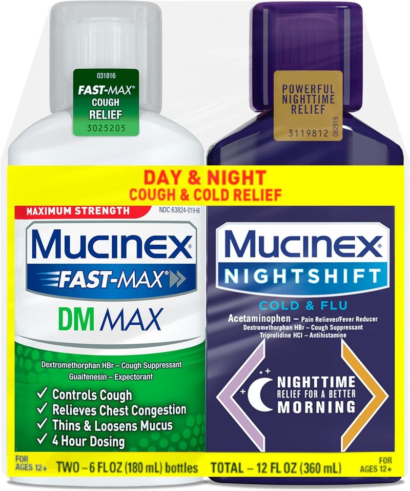 MUCINEX ماكسيموم سترينغث فاست ماكس دي إم ماكس موكينكس نايت شيفت كولد فلو سائل 2 × 6 أونصة سائلة يخفف المخاط يخفف السعال احتقان الصدر الألم الحمى العطس التهاب الحلق سيلان الأنف - Image 1