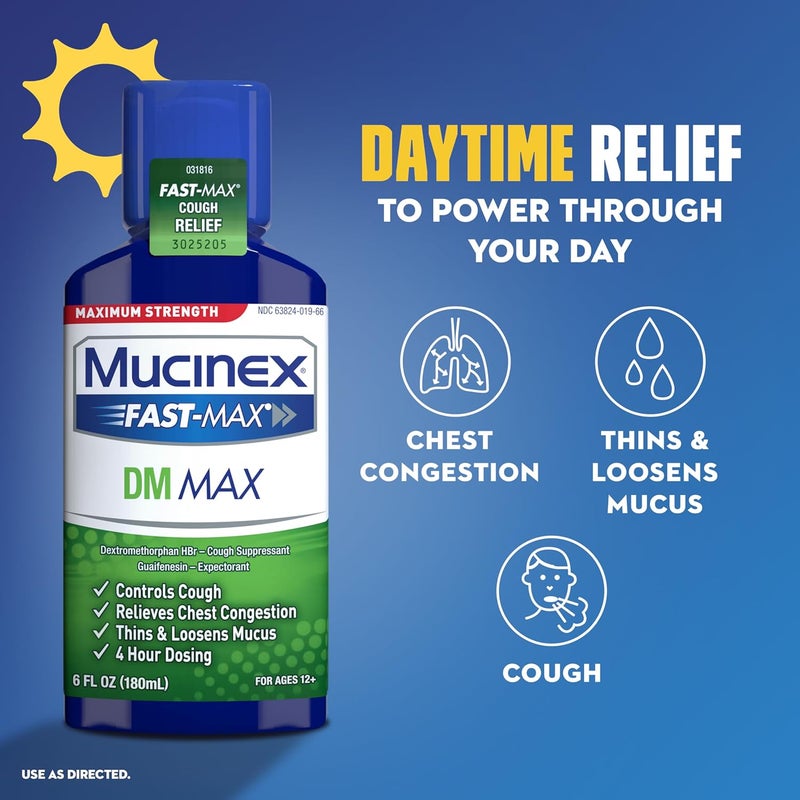 MUCINEX ماكسيموم سترينغث فاست ماكس دي إم ماكس موكينكس نايت شيفت كولد فلو سائل 2 × 6 أونصة سائلة يخفف المخاط يخفف السعال احتقان الصدر الألم الحمى العطس التهاب الحلق سيلان الأنف - Image 5