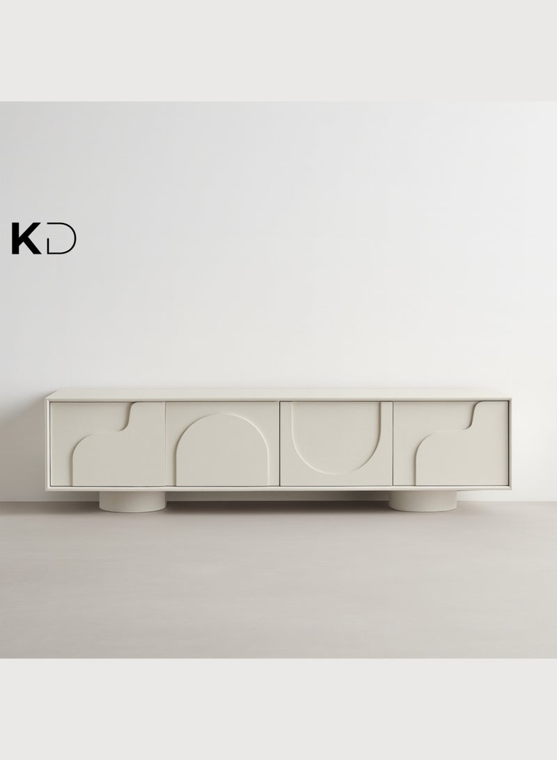 Kustomdeco Lumen Modern White TV Unit Stand for Living Room – Premium Wooden Entertainment Console with Artistic 3D Cabinet Doors, Minimalist Media Cabinet for Flat Screen TVs up to 75 Inch - Image 1