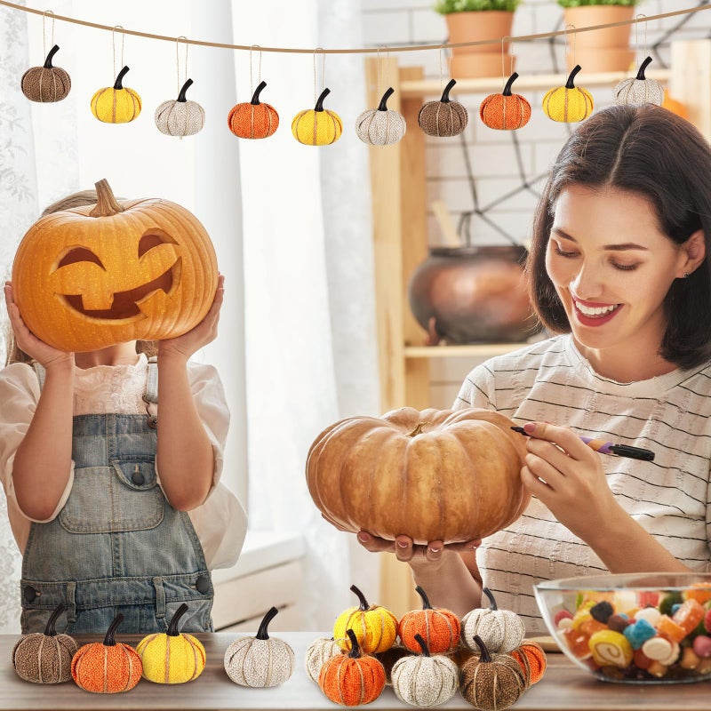 Kajaia Fall Pumpkin Hanging Ornament Mini Burlap Fabric Thanksgiving Pumpkin Hanging Tree Ornaments for Fall Thanksgiving Halloween Christmas Party Tree Mantel Wall Home Decor Crafts(Bright Color 12 Pcs) - Image 2