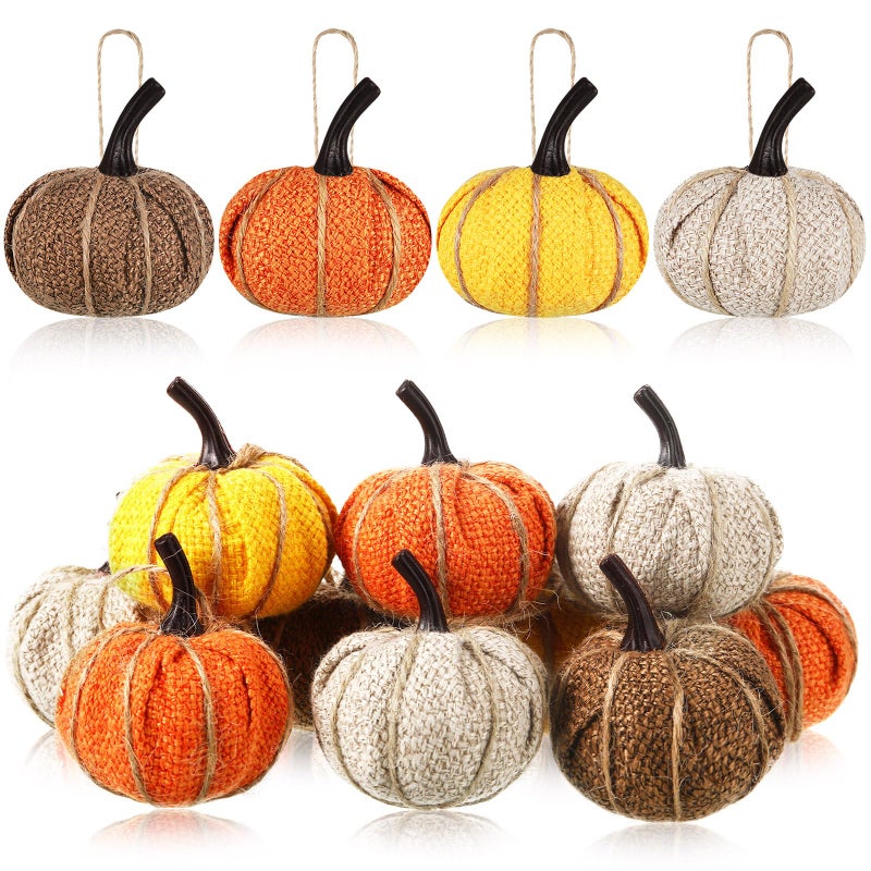 Kajaia Fall Pumpkin Hanging Ornament Mini Burlap Fabric Thanksgiving Pumpkin Hanging Tree Ornaments for Fall Thanksgiving Halloween Christmas Party Tree Mantel Wall Home Decor Crafts(Bright Color 12 Pcs) - Image 1