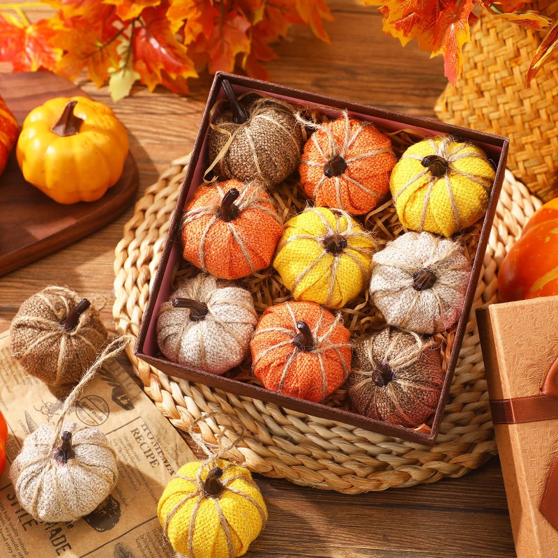 Kajaia Fall Pumpkin Hanging Ornament Mini Burlap Fabric Thanksgiving Pumpkin Hanging Tree Ornaments for Fall Thanksgiving Halloween Christmas Party Tree Mantel Wall Home Decor Crafts(Bright Color 12 Pcs) - Image 5