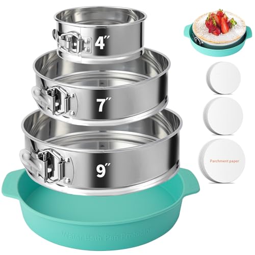 OYAOL 4 7 9 Inches Springform Pan Set of 3 304 Stainless Steel Nonstick Springform Cake Pan Set with Removable Bottom 10 Inch Leakproof Silicone Cheesecake Pan Protector with 60 Pcs Parchment Paper - Image 1