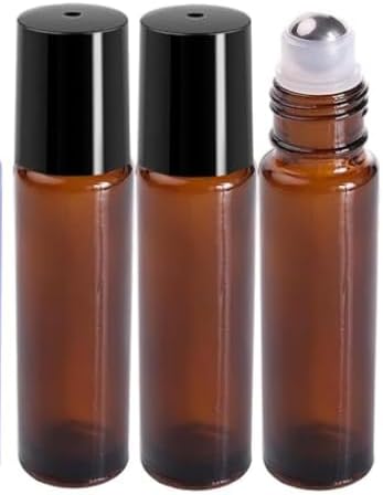 Caribbean Coastal Delights Pack of 3 - Roll-on Refillable Glass Perfume Bottle Purse or Travel Size, Amber Glass Roller Bottles, Roll on Bottles with Stainless Steel Roller Ball 