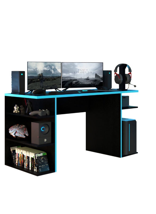 Madesa Gaming Computer Desk and Office Table with 5 Shelves and Cable Management, Wood, 136 W x 75 H x 60 D Cm (Black/Blue) - Image 2