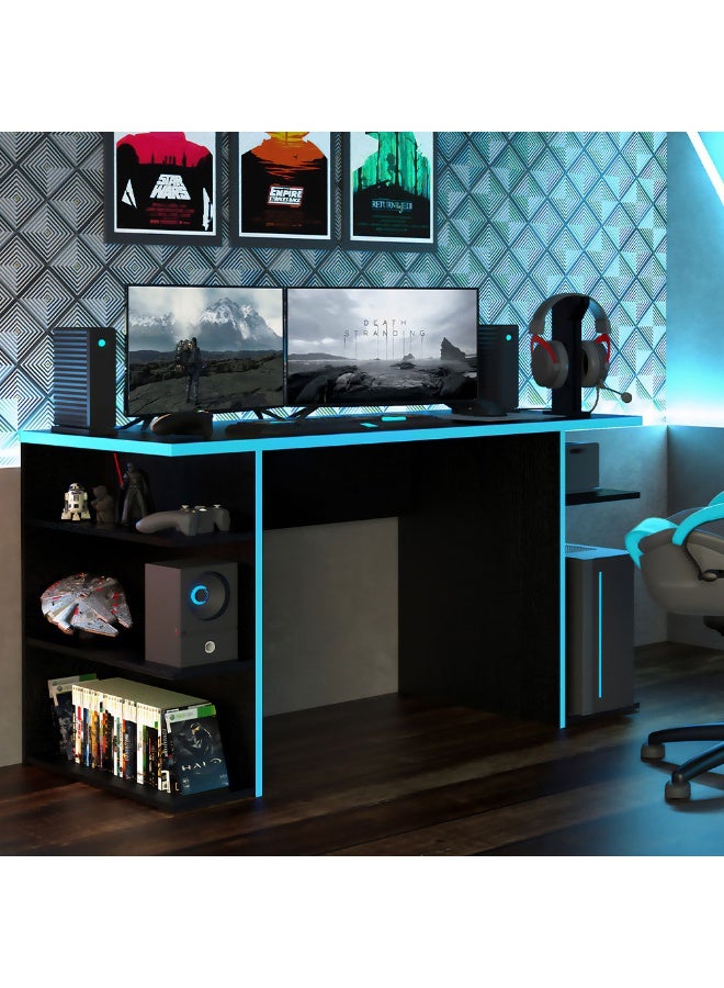 Madesa Gaming Computer Desk and Office Table with 5 Shelves and Cable Management, Wood, 136 W x 75 H x 60 D Cm (Black/Blue) - Image 1