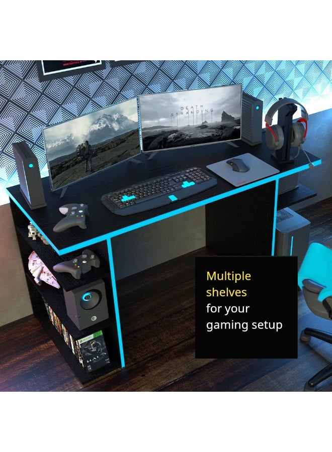 Madesa Gaming Computer Desk and Office Table with 5 Shelves and Cable Management, Wood, 136 W x 75 H x 60 D Cm (Black/Blue) - Image 5