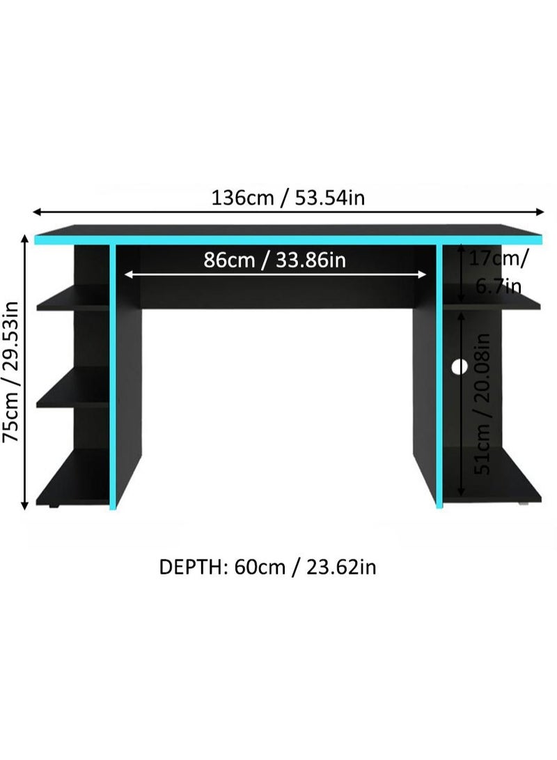 Madesa Gaming Computer Desk and Office Table with 5 Shelves and Cable Management, Wood, 136 W x 75 H x 60 D Cm (Black/Blue) - Image 3