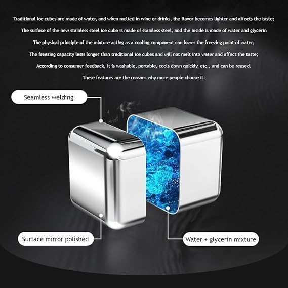 D RAJ 8Pcs Stainless Steel Whiskey Stones Ice Cubes with Tongs Container Food Grade QuickFrozen Ice for Wine Metal Ice Cubes for Chilling Red Wine - Image 3