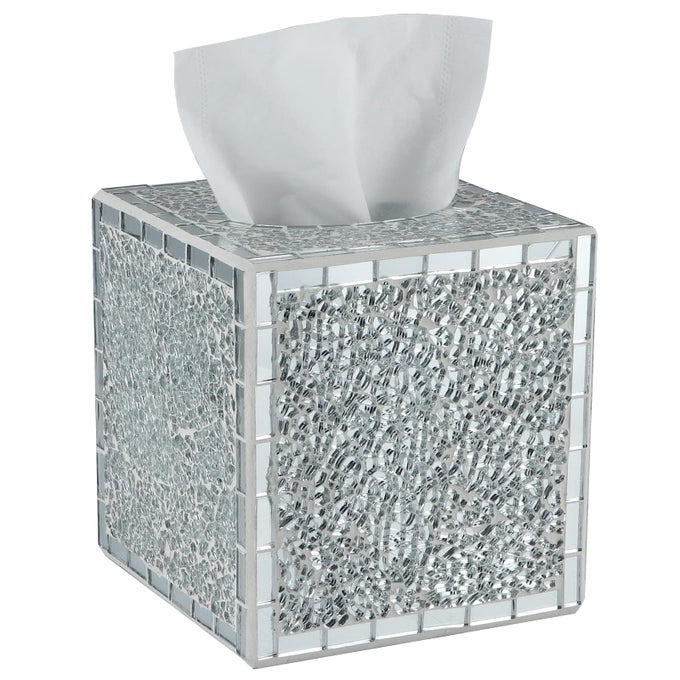 MOSAIC GLASS TISSUE BOX HOLDER DECORATIVE TISSUE BOX COVER SQUARE TISSUE DISPENSER FOR BATHROOM BEDROOM LIVING ROOM SILVER