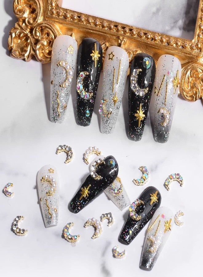WEILUSI Gold Moon Nail Charms Kit 3D Alloy Nail Art Rhinestones Mixed Sparkle AB Crystal Rhinestones Pearl Nail Charm Jewelry Moon Nail Studs Manicure Accessories for Women Nails Decoration DIY Craft - Image 2