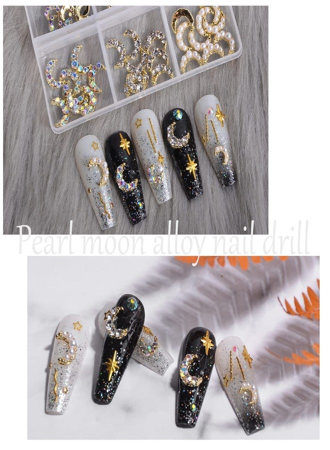 WEILUSI Gold Moon Nail Charms Kit 3D Alloy Nail Art Rhinestones Mixed Sparkle AB Crystal Rhinestones Pearl Nail Charm Jewelry Moon Nail Studs Manicure Accessories for Women Nails Decoration DIY Craft - Image 3