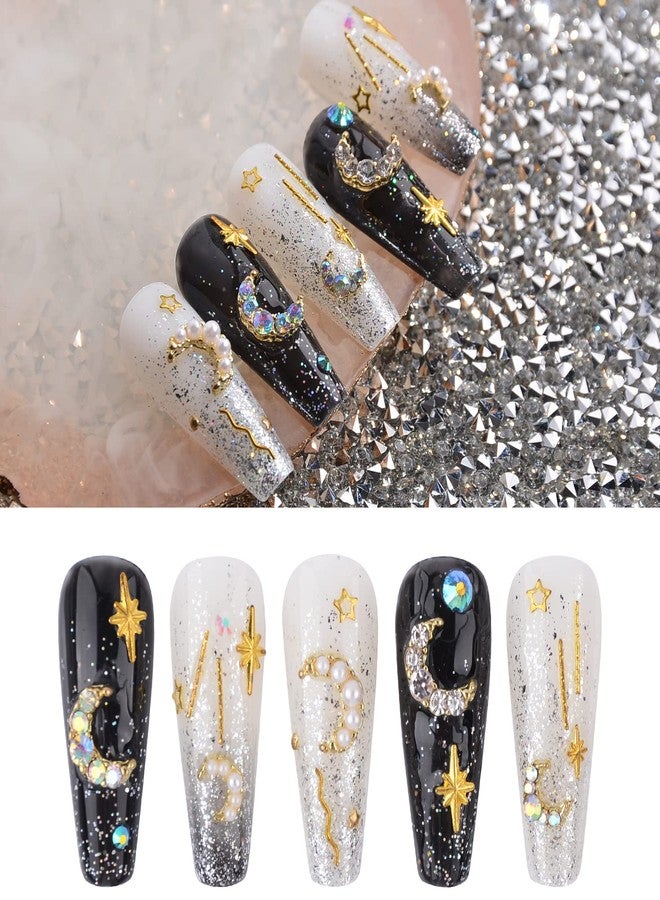 WEILUSI Gold Moon Nail Charms Kit 3D Alloy Nail Art Rhinestones Mixed Sparkle AB Crystal Rhinestones Pearl Nail Charm Jewelry Moon Nail Studs Manicure Accessories for Women Nails Decoration DIY Craft - Image 4