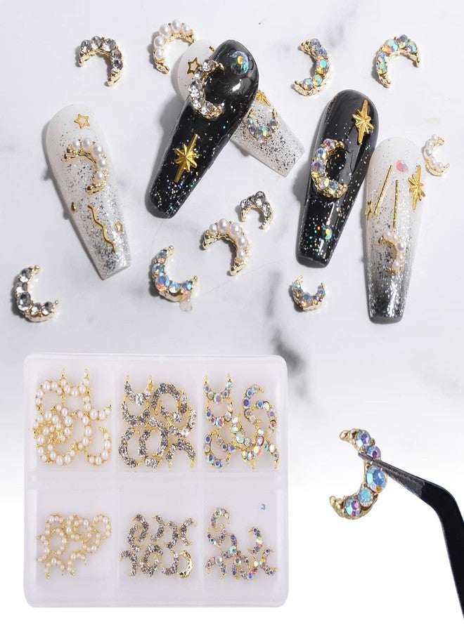 WEILUSI Gold Moon Nail Charms Kit 3D Alloy Nail Art Rhinestones Mixed Sparkle AB Crystal Rhinestones Pearl Nail Charm Jewelry Moon Nail Studs Manicure Accessories for Women Nails Decoration DIY Craft - Image 1