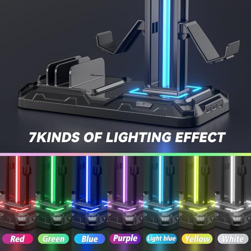 KDD حامل سماعات KDD مع محطة شحن - حامل وحدة تحكم قابل للفصل مع 9 أوضاع إضاءة - حامل سماعات دوار مع منافذ شحن USB A&C - خطاف سماعات لتخزين ملحقات ألعاب الكمبيوتر - Image 4