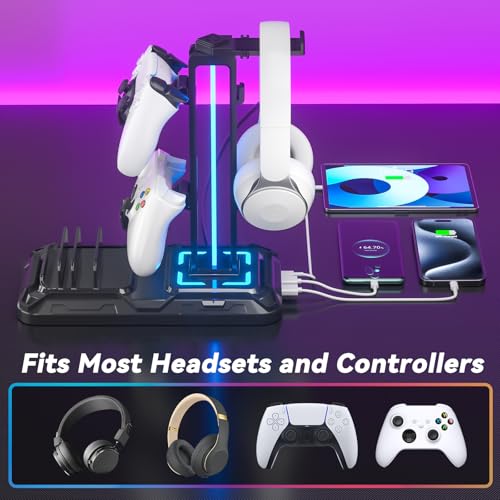 KDD حامل سماعات KDD مع محطة شحن - حامل وحدة تحكم قابل للفصل مع 9 أوضاع إضاءة - حامل سماعات دوار مع منافذ شحن USB A&C - خطاف سماعات لتخزين ملحقات ألعاب الكمبيوتر - Image 5