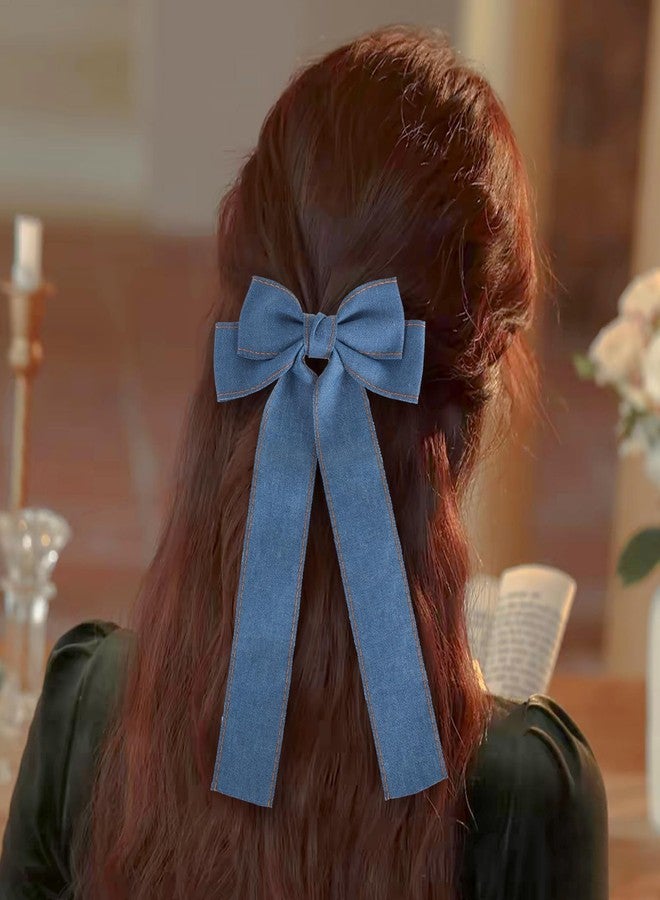 Miroksh 2Pcs Denim Hair Bow Clips for Women Girls Big Blue Jeans Long Tail Ribbon Bowknot Hair Barrettes Hairpins Denim Aesthetic Hair Decor Accessories 5.5" Birthday Xmas Gift - Image 4