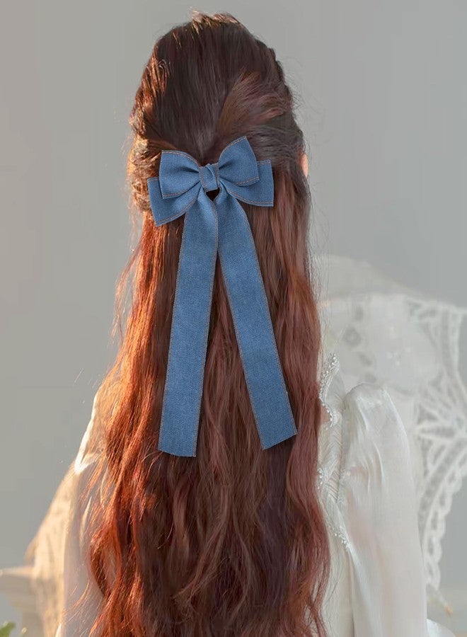 Miroksh 2Pcs Denim Hair Bow Clips for Women Girls Big Blue Jeans Long Tail Ribbon Bowknot Hair Barrettes Hairpins Denim Aesthetic Hair Decor Accessories 5.5" Birthday Xmas Gift - Image 5