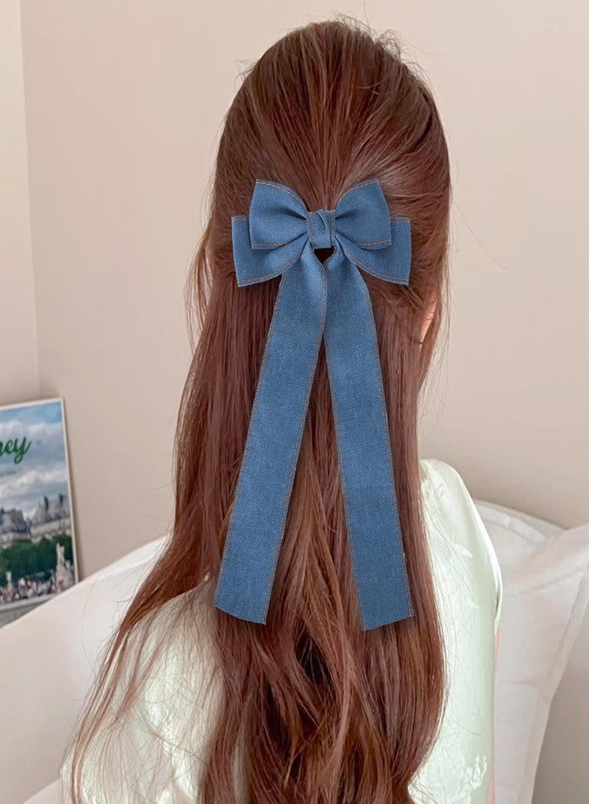 Miroksh 2Pcs Denim Hair Bow Clips for Women Girls Big Blue Jeans Long Tail Ribbon Bowknot Hair Barrettes Hairpins Denim Aesthetic Hair Decor Accessories 5.5" Birthday Xmas Gift - Image 3