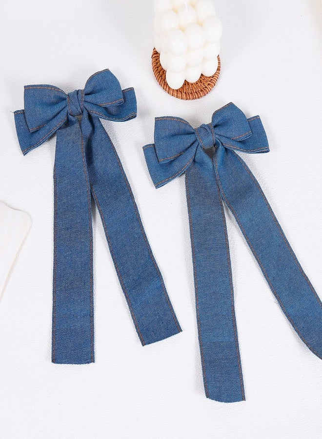 Miroksh 2Pcs Denim Hair Bow Clips for Women Girls Big Blue Jeans Long Tail Ribbon Bowknot Hair Barrettes Hairpins Denim Aesthetic Hair Decor Accessories 5.5" Birthday Xmas Gift - Image 2