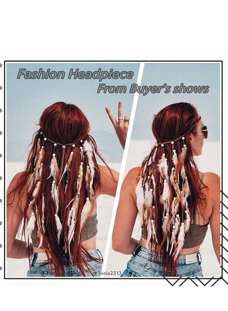 Excefore Feather Hairband Indian Gypsy Headband with White and Brown Feather Tassel Hemp Rope for Festival Masquerades Carnival Hippie Costume Indian Hair Feather Women's Hair Prom Accessories - Image 3