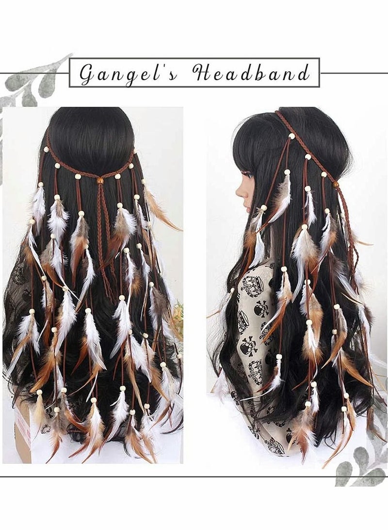 Excefore Feather Hairband Indian Gypsy Headband with White and Brown Feather Tassel Hemp Rope for Festival Masquerades Carnival Hippie Costume Indian Hair Feather Women's Hair Prom Accessories - Image 2