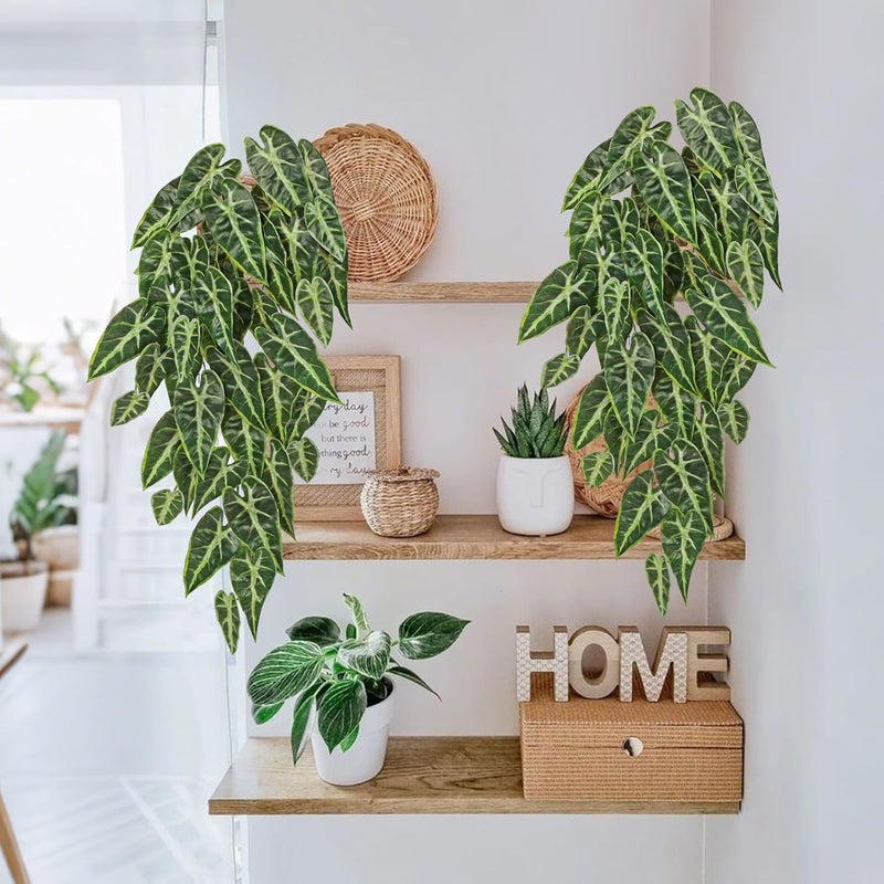 Briful 2PCS Artificial Hanging Plant Faux Alocasia Leaf Bush Fake Plants for Wall, Hanging Artificial Plants Fake Greenery for Home Kitchen Bathroom Shelf Decor - Image 4