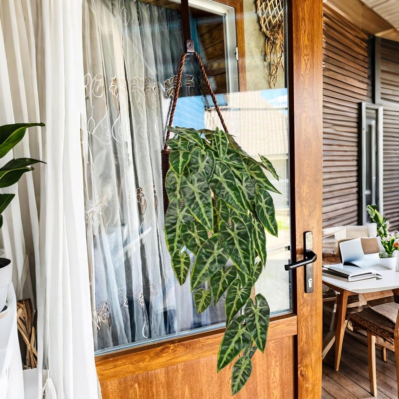 Briful 2PCS Artificial Hanging Plant Faux Alocasia Leaf Bush Fake Plants for Wall, Hanging Artificial Plants Fake Greenery for Home Kitchen Bathroom Shelf Decor - Image 5