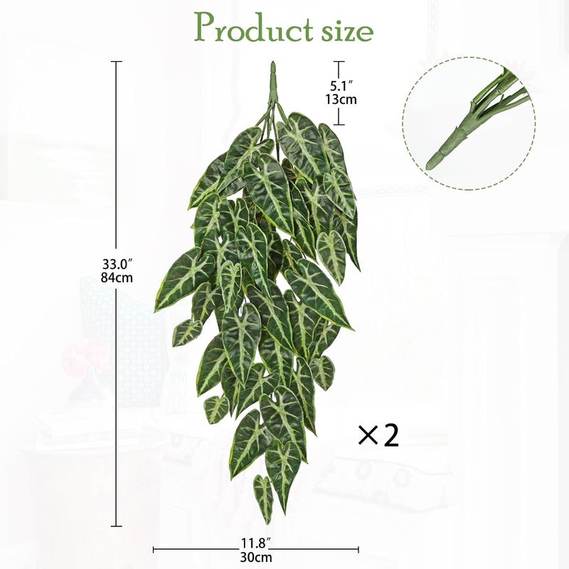 Briful 2PCS Artificial Hanging Plant Faux Alocasia Leaf Bush Fake Plants for Wall, Hanging Artificial Plants Fake Greenery for Home Kitchen Bathroom Shelf Decor - Image 2