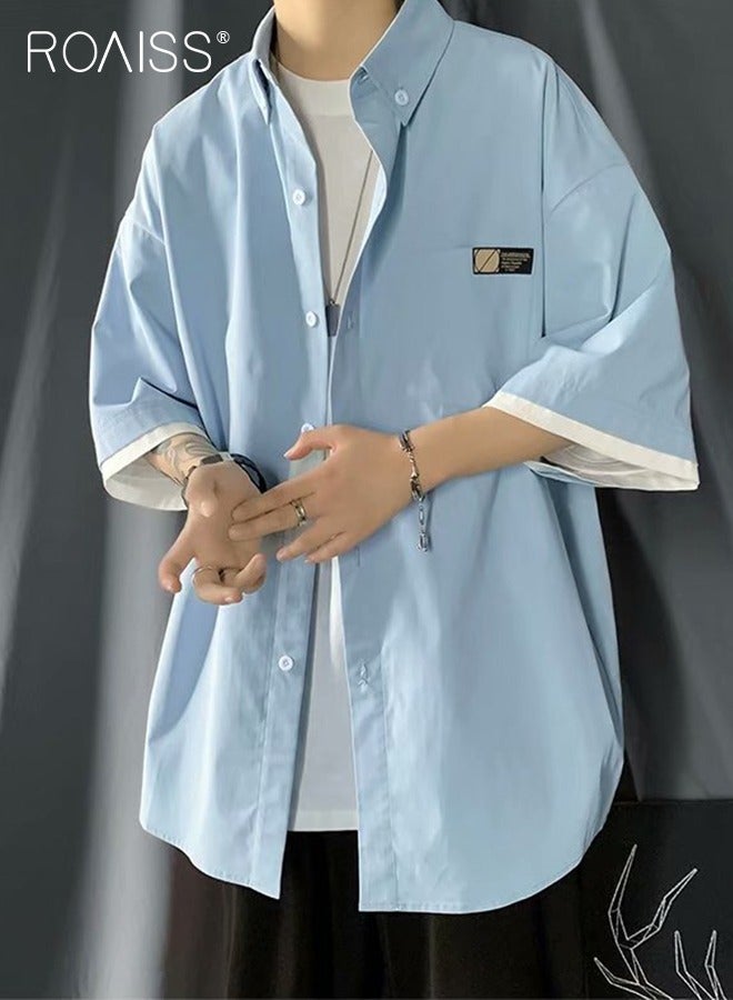رويس قميص أنيق غير رسمي للرجال، سترة قميص مريحة ومسامية للرجال، قميص بأكمام قصيرة وأزرار مع جيب على الصدر، مناسب للارتداء اليومي والأنشطة الخارجية - Image 1
