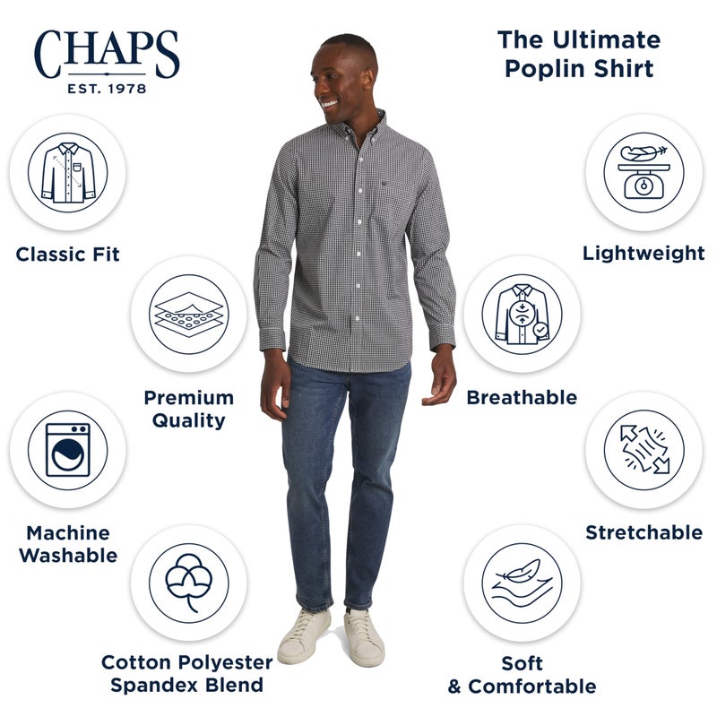 Chaps Men's Classic Fit Long Sleeve Button Down Stretch Poplin Casual Shirt, American Black, Medium - Image 4