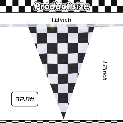 Aurelema Light up Black and White Checkered Flag Banner, 32.8 ft Racing Flags Plastic Race Checkered Pennant Banner with 8 Light Modes for Race Themed Party Decorations Supplies - Image 2
