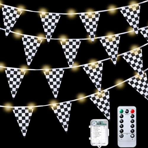 Aurelema Light up Black and White Checkered Flag Banner, 32.8 ft Racing Flags Plastic Race Checkered Pennant Banner with 8 Light Modes for Race Themed Party Decorations Supplies - Image 1