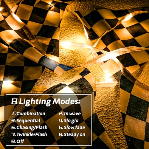 Aurelema Light up Black and White Checkered Flag Banner, 32.8 ft Racing Flags Plastic Race Checkered Pennant Banner with 8 Light Modes for Race Themed Party Decorations Supplies - Image 4