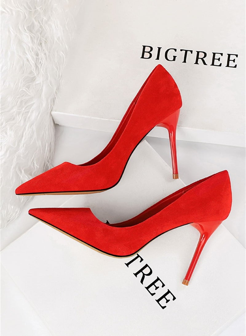 BIGTREE حذاء نسائي أنيق بسيط بكعب رفيع وفم ضحل ومدبب بكعب عالٍ 9 سم باللون الأحمر - Image 2
