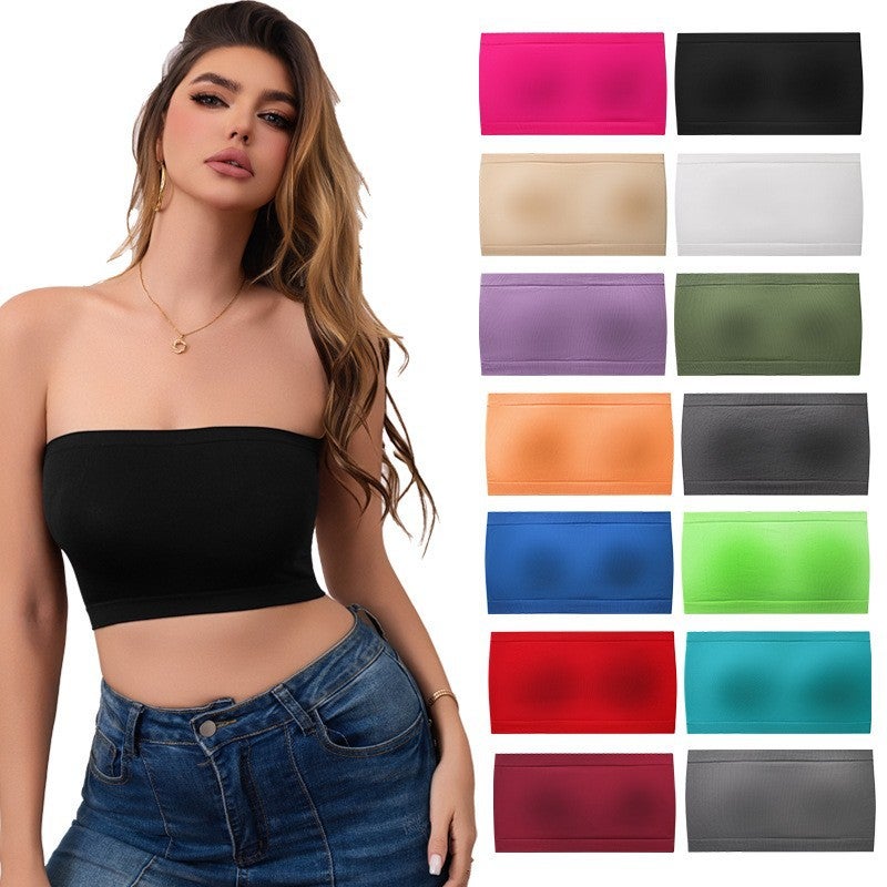 Women's Seamless Tube Top Camisole, Solid Color, Fixed Cup, Anti-Exposure - Image 1