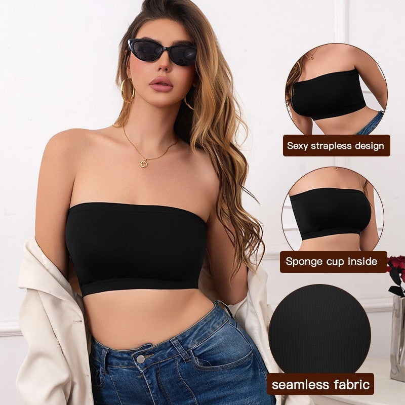 Women's Seamless Tube Top Camisole, Solid Color, Fixed Cup, Anti-Exposure - Image 2