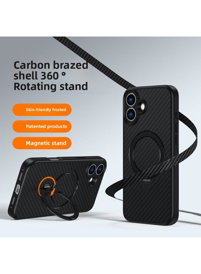 For Iphone16 Carbon Brazed Dimension Magnetic Aspiration Fulcrum Shell Suitable For 360 Rotating Bracket Frosted Drop-resistant For Iphone 15 Mobile Phone Case-Colour:Carbon Brazing-black-Applicable Model:For Iphone12
