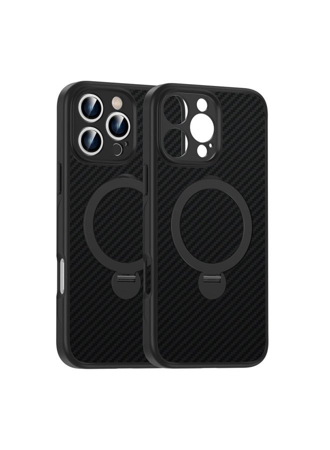 For Iphone16 Carbon Brazed Dimension Magnetic Aspiration Fulcrum Shell Suitable For 360 Rotating Bracket Frosted Drop-resistant For Iphone 15 Mobile Phone Case-Colour:Carbon Brazing-black-Applicable Model:For Iphone12