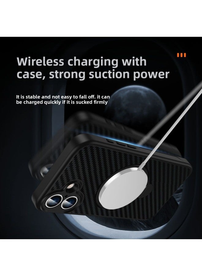 For Iphone16 Carbon Brazed Dimension Magnetic Aspiration Fulcrum Shell Suitable For 360 Rotating Bracket Frosted Drop-resistant For Iphone 15 Mobile Phone Case-Colour:Carbon Brazing-black-Applicable Model:For Iphone12