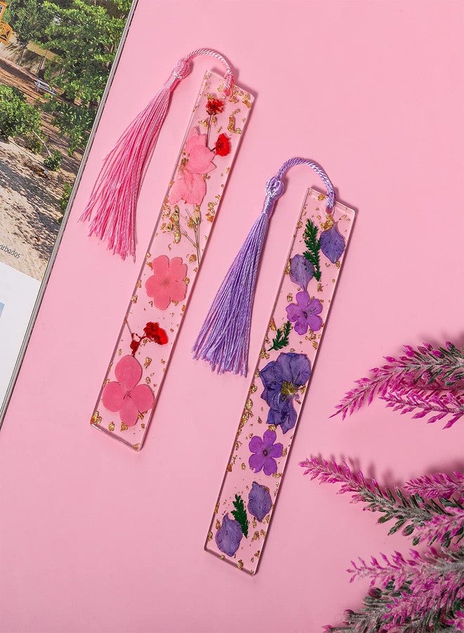 cobee Resin Dried Flower Bookmark, 2 Pieces Transparent Pressed Flower Bookmark Handmade Floral Page Marker with Tassel Cute Bookmark for Women Kids Book Lovers Gift (Purple+Pink) - Image 2