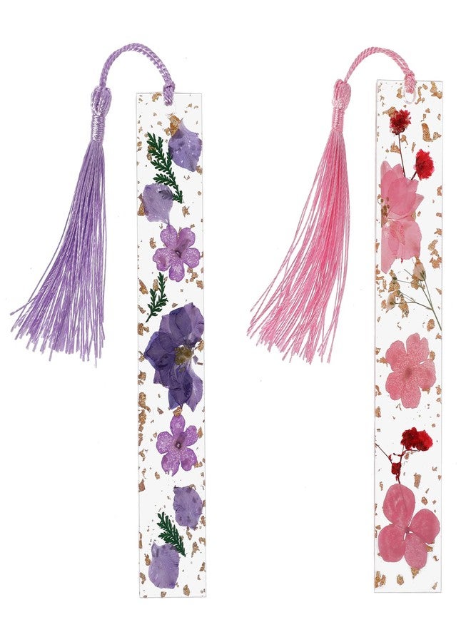 cobee Resin Dried Flower Bookmark, 2 Pieces Transparent Pressed Flower Bookmark Handmade Floral Page Marker with Tassel Cute Bookmark for Women Kids Book Lovers Gift (Purple+Pink) - Image 1