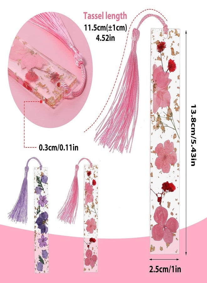 cobee Resin Dried Flower Bookmark, 2 Pieces Transparent Pressed Flower Bookmark Handmade Floral Page Marker with Tassel Cute Bookmark for Women Kids Book Lovers Gift (Purple+Pink) - Image 3