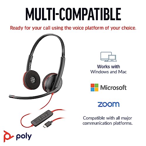 Poly سماعة رأس سلكية بولي بلاكواير 3220 مع ميكروفون، صوت ستيريو عالي الدقة، ميكروفون مانع للضوضاء، تصميم ستيريو، الاتصال بالكمبيوتر عبر محول USB-C و USB-A، تصميم فوق الأذن، تعمل مع منصات الاجتماعات الافتراضية - Image 5