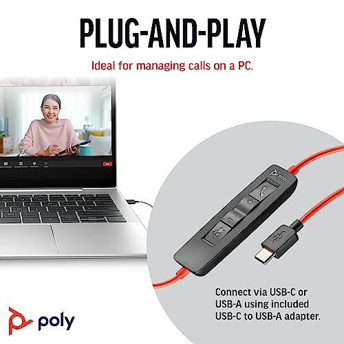 Poly سماعة رأس سلكية بولي بلاكواير 3220 مع ميكروفون، صوت ستيريو عالي الدقة، ميكروفون مانع للضوضاء، تصميم ستيريو، الاتصال بالكمبيوتر عبر محول USB-C و USB-A، تصميم فوق الأذن، تعمل مع منصات الاجتماعات الافتراضية - Image 4