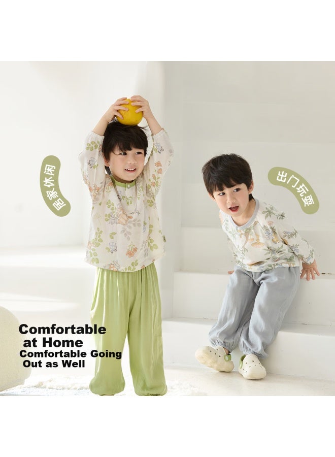Wellber Children's Pajamas, Home Wear For Boys And Girls, Bamboo Cotton Gauze Loungewear Set, Spring/summer Garden Rabbit Long-sleeve, Size 90