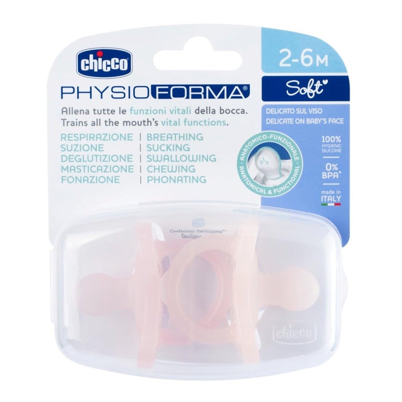Chicco PhysioForma Soother for Babies (2-6 Months) Pack of 2 | Baby Pacifier with Unique Shape to Support Baby's Breathing | Soft Silicon Material | BPA Free (Pink, Peach) - Image 1