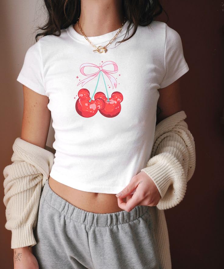 LUKYCILD Pink Bow Cherries Shirt Women: Coquette Tops Clean Girl Aesthetic Shirts Casual Summer Short Sleeve Tshirt - Image 3