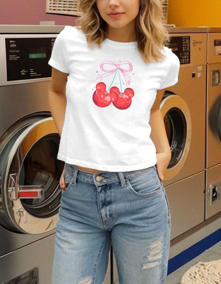 LUKYCILD Pink Bow Cherries Shirt Women: Coquette Tops Clean Girl Aesthetic Shirts Casual Summer Short Sleeve Tshirt - Image 4
