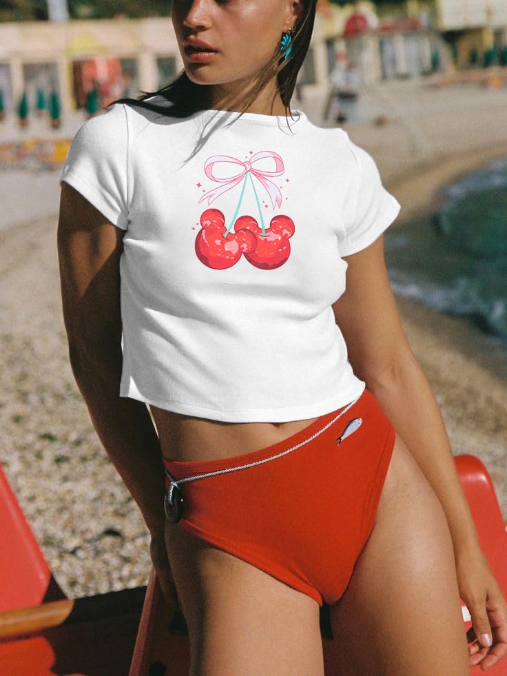 LUKYCILD Pink Bow Cherries Shirt Women: Coquette Tops Clean Girl Aesthetic Shirts Casual Summer Short Sleeve Tshirt - Image 2